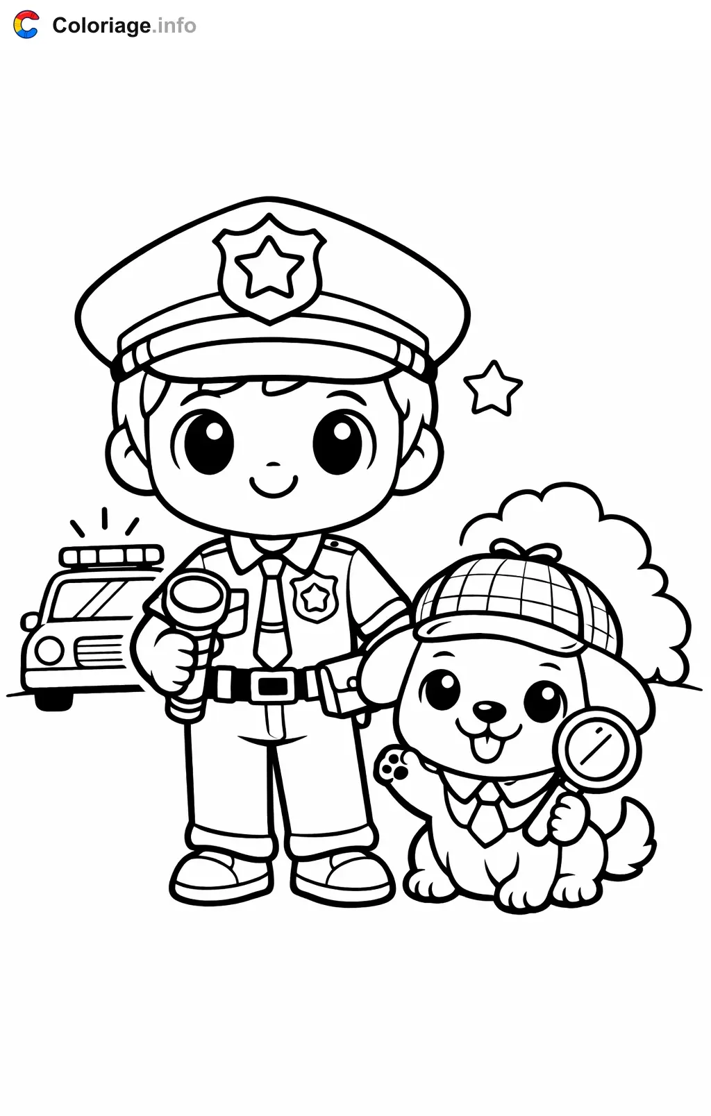 Coloriage Policier avec son chien policier - Policier à imprimer