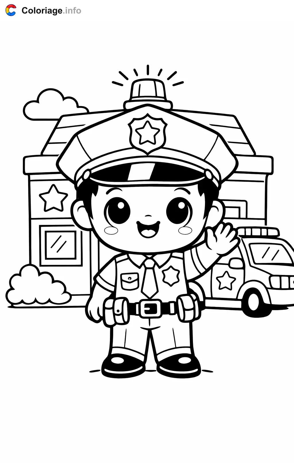 Coloriage Policier devant le commissariat - Policier à imprimer