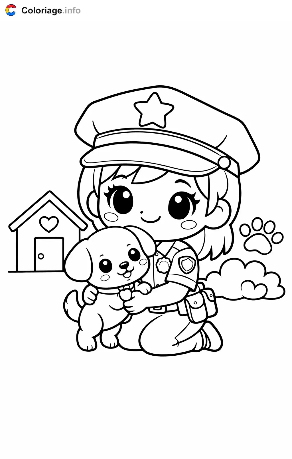 Coloriage Policier qui aide un petit chien - Policier à imprimer