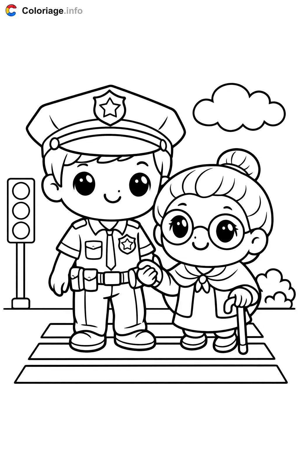 Coloriage Policier qui aide une grand-mère - Policier à imprimer
