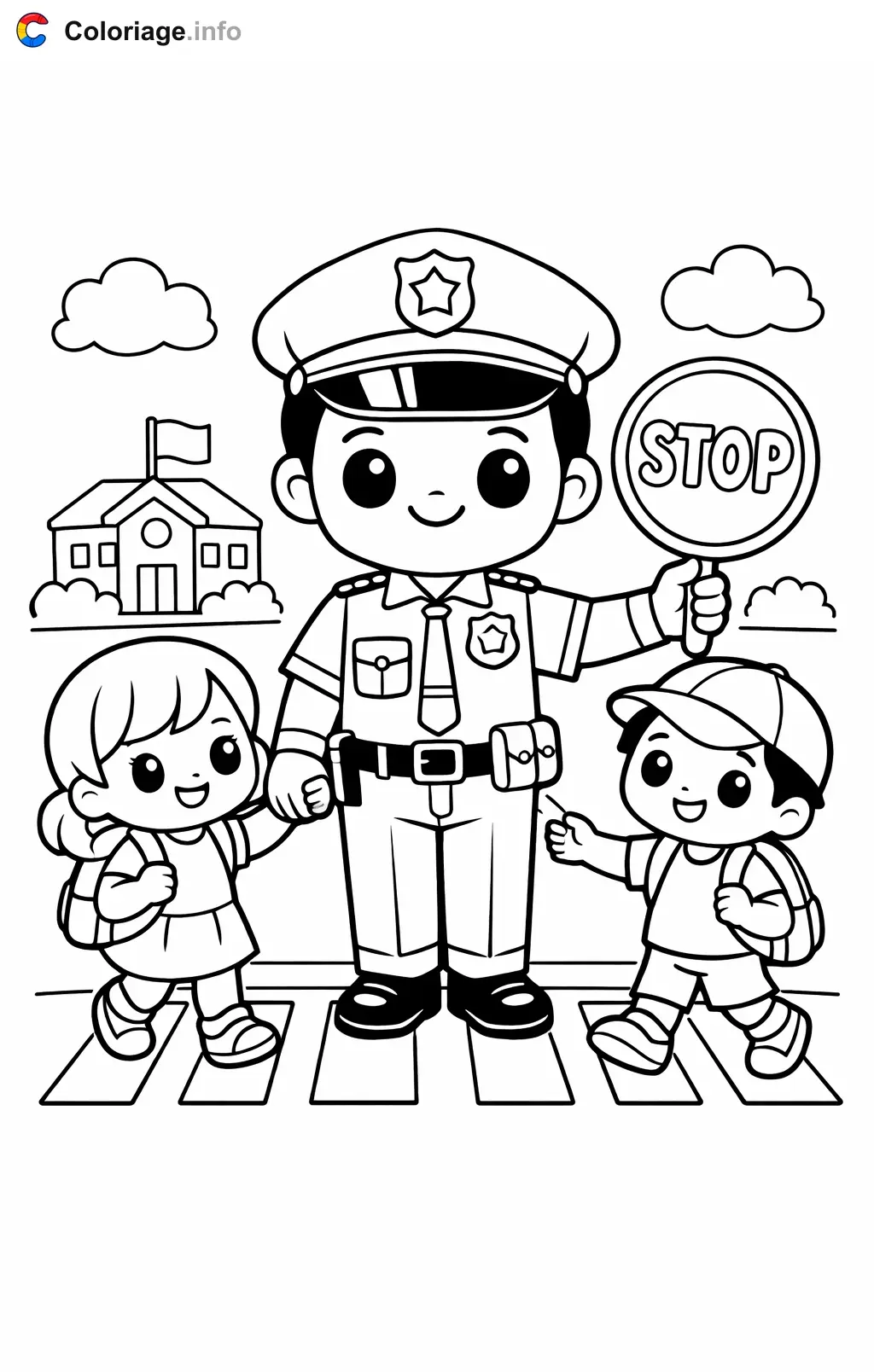 Coloriage Policier qui fait traverser les enfants - Policier à imprimer