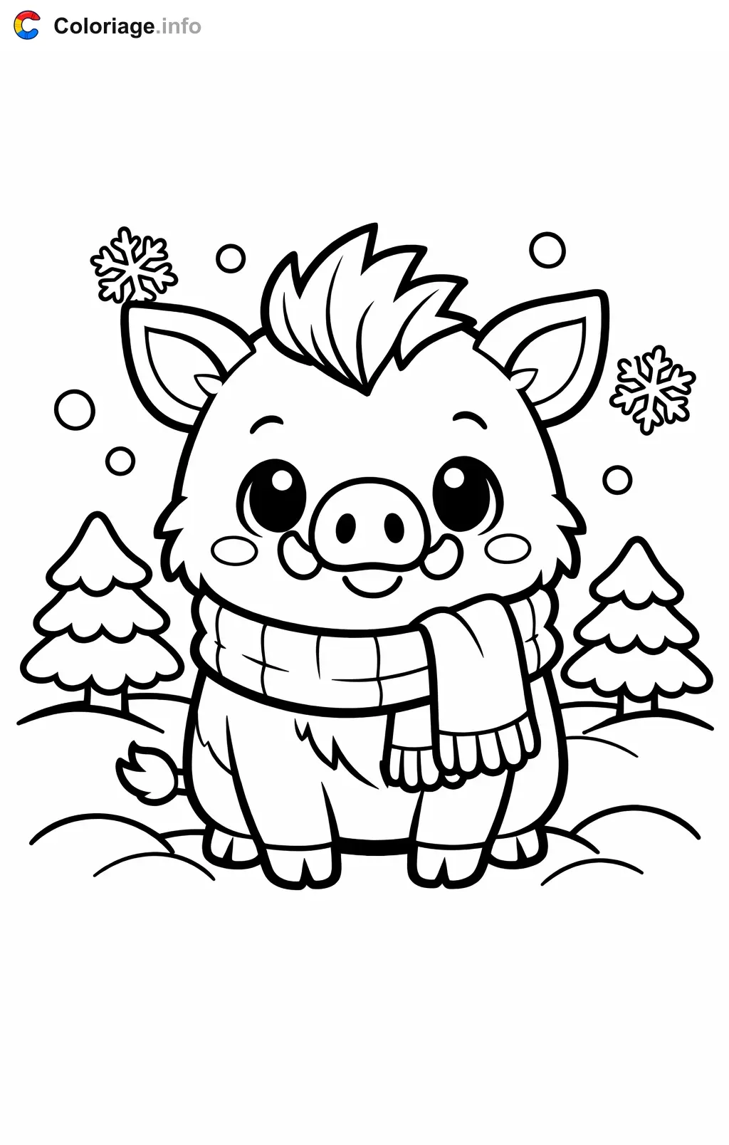 Coloriage Sanglier avec une écharpe dans la neige - Sanglier à imprimer