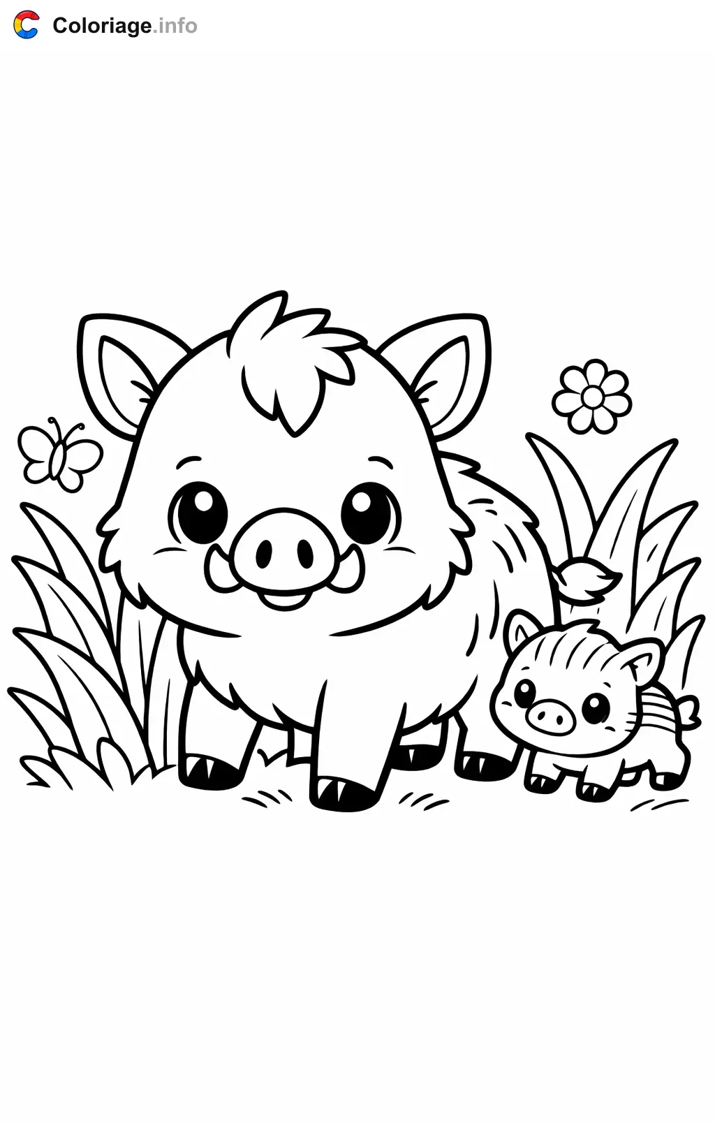 Coloriage Sanglier bébé qui suit sa maman - Sanglier à imprimer