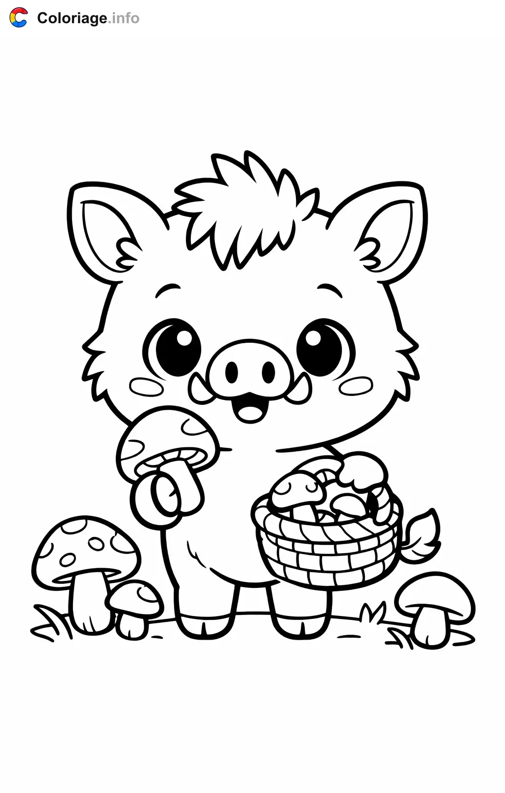 Coloriage Sanglier qui cueille des champignons - Sanglier à imprimer