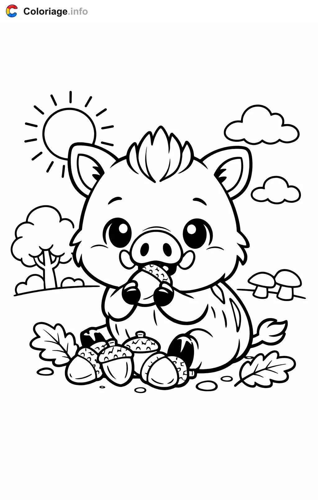 Coloriage Sanglier qui mange des glands - Sanglier à imprimer