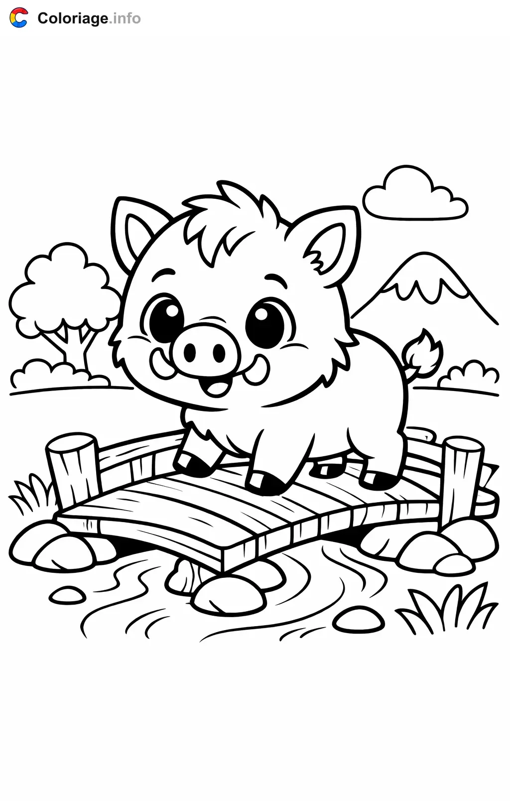 Coloriage Sanglier qui traverse un pont - Sanglier à imprimer
