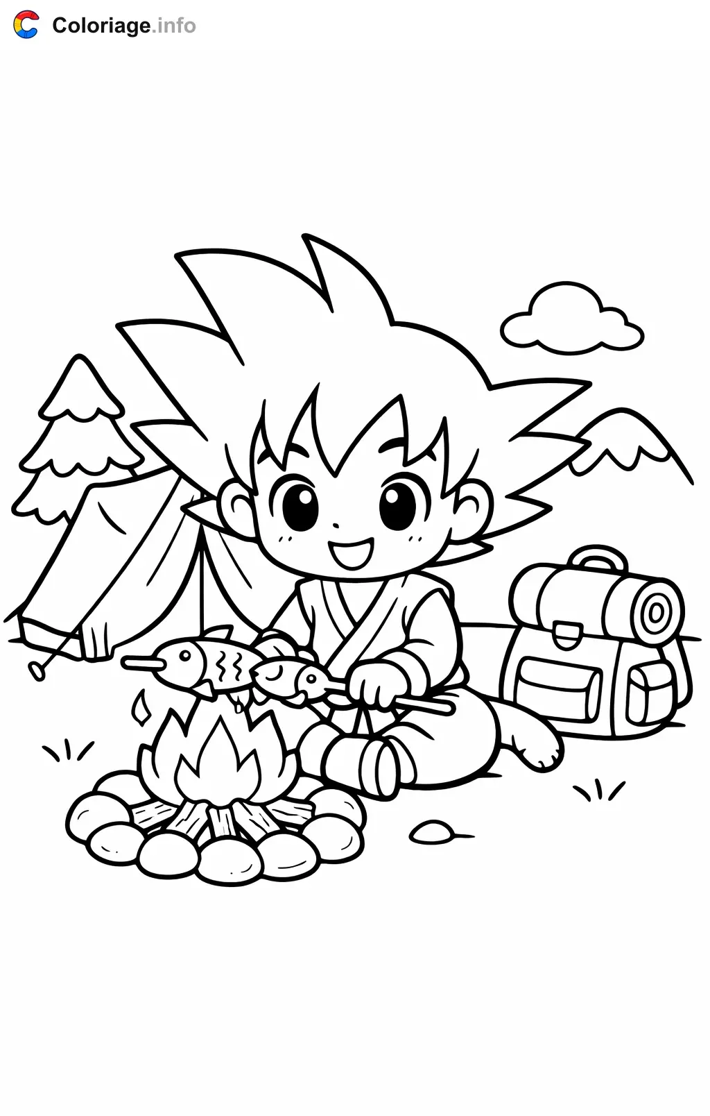 Ausmalbild Sangoku am Lagerfeuer zum Ausdrucken