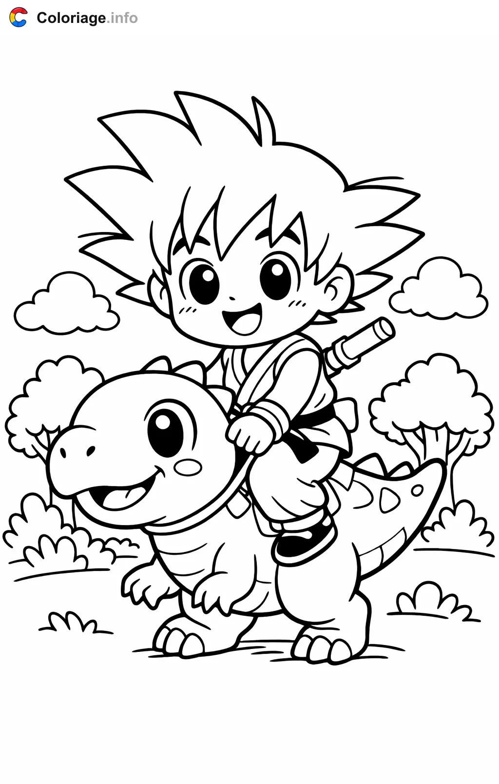 Ausmalbild Sangoku reitet auf einem Dinosaurier zum Ausdrucken