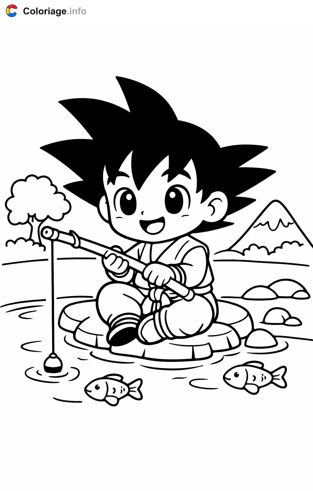Ausmalbild Sangoku beim Angeln am Fluss zum Ausdrucken