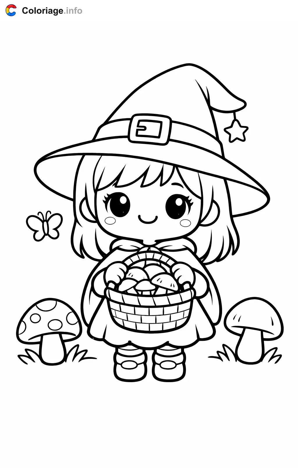 Coloriage Sorcière qui cueille des champignons - Sorcière à imprimer