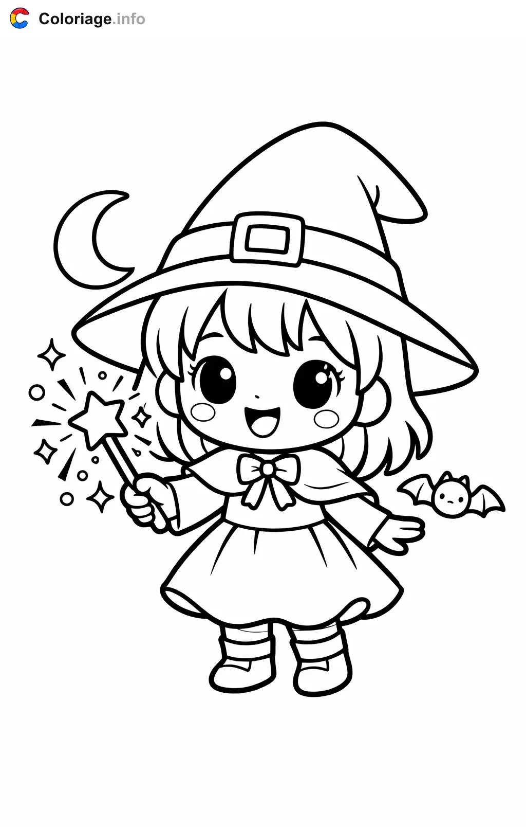 Coloriage Sorcière qui lance un sort avec sa baguette - Sorcière à imprimer