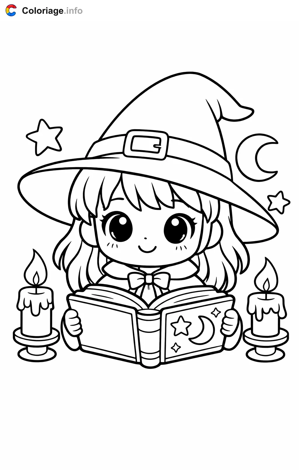 Coloriage Sorcière qui lit un grimoire - Sorcière à imprimer