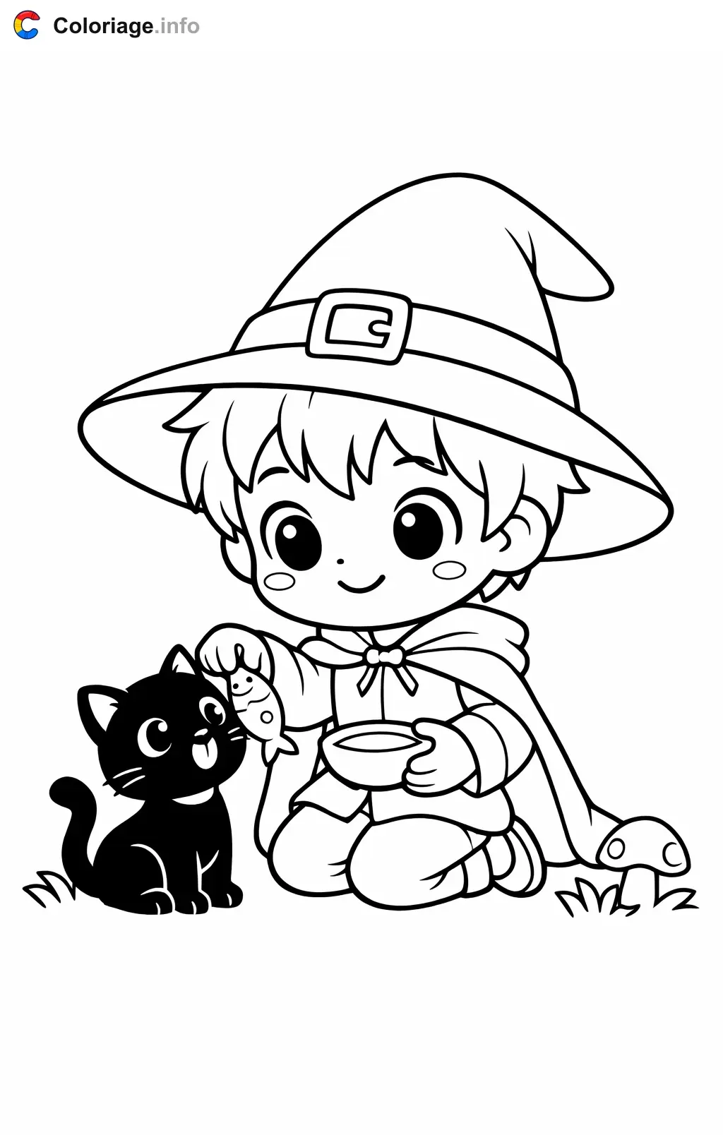 Coloriage Sorcière qui nourrit son chat noir - Sorcière à imprimer