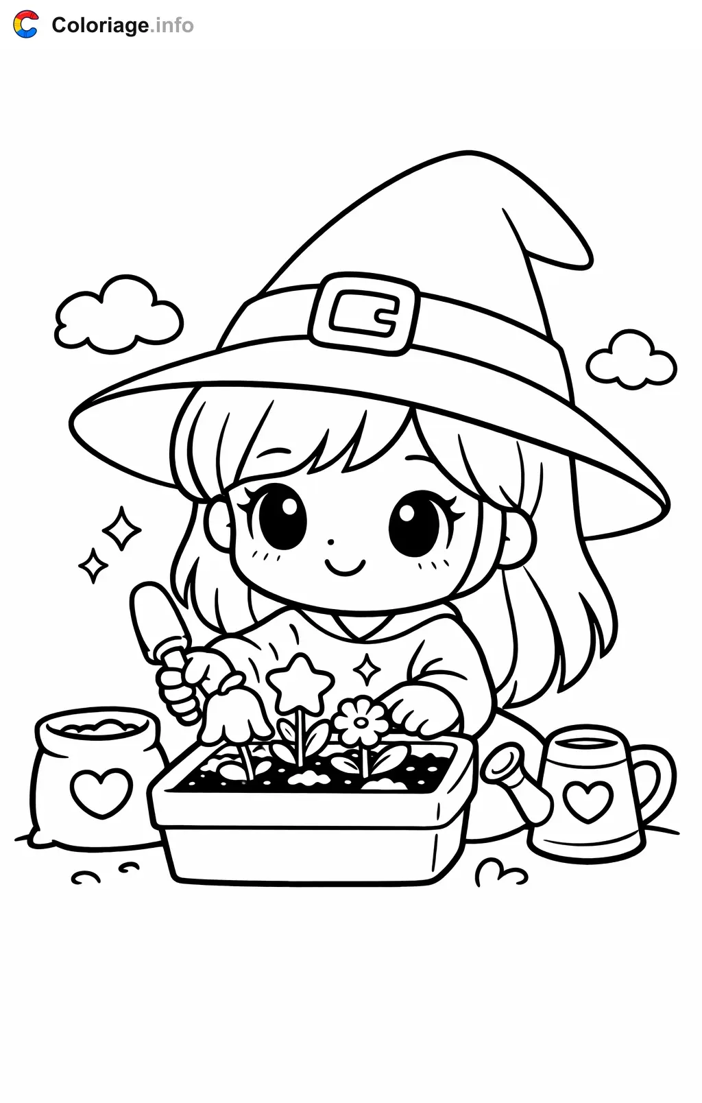 Coloriage Sorcière qui plante des fleurs magiques - Sorcière à imprimer