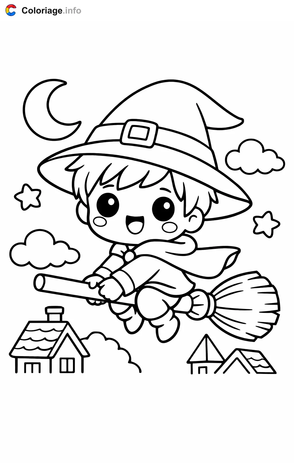 Coloriage Sorcière qui vole sur son balai - Sorcière à imprimer