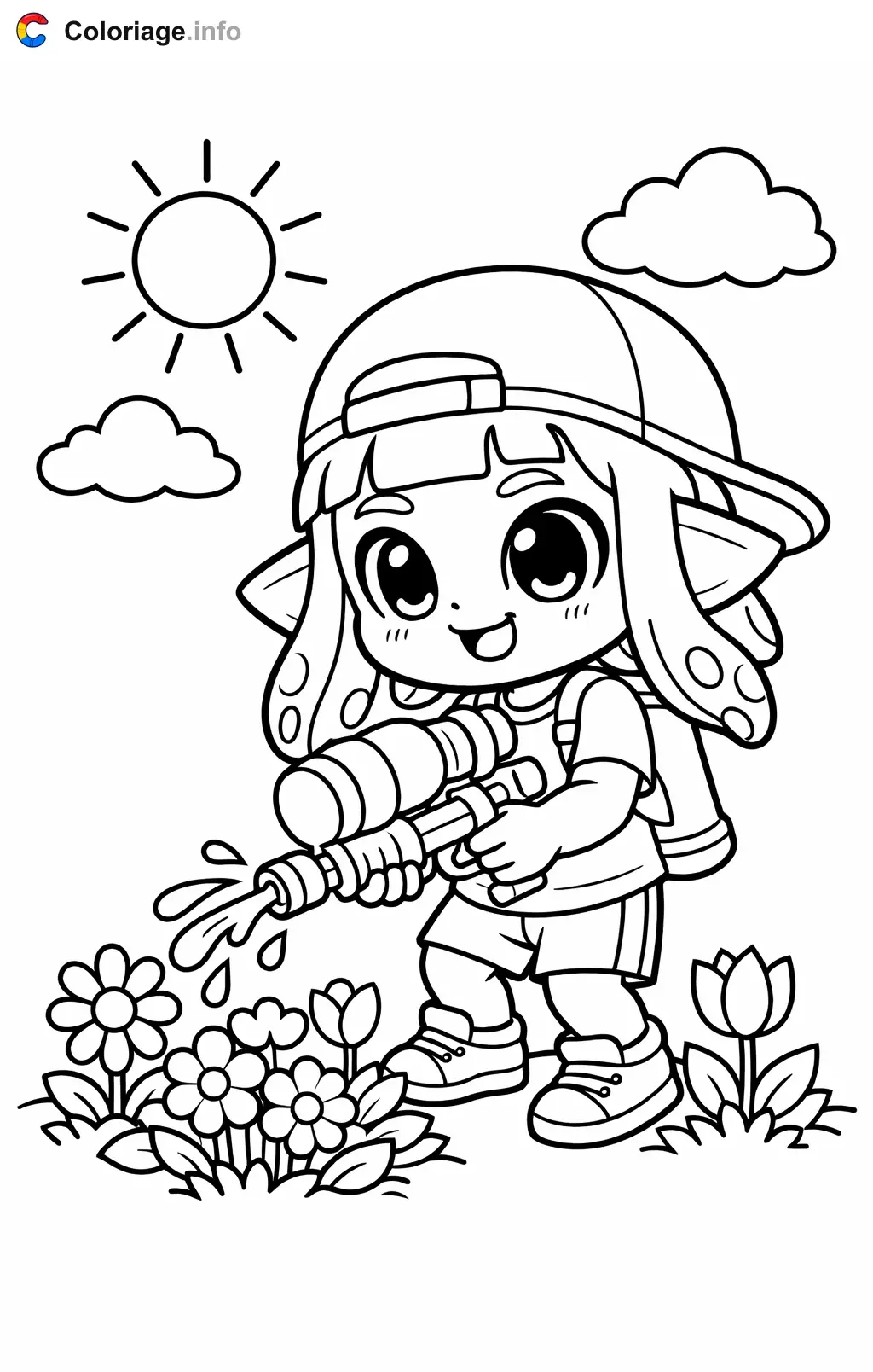 Coloriage Splatoon qui arrose les fleurs - Splatoon à imprimer