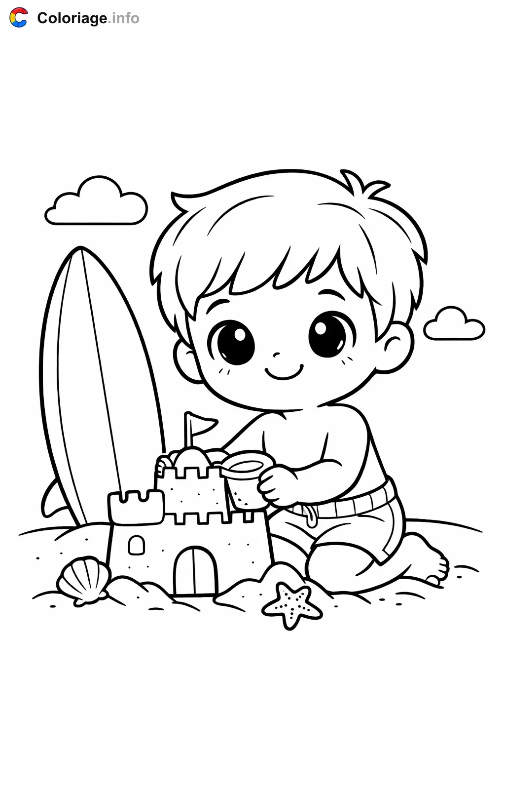 Coloriage Surf avec un château de sable - Surf à imprimer