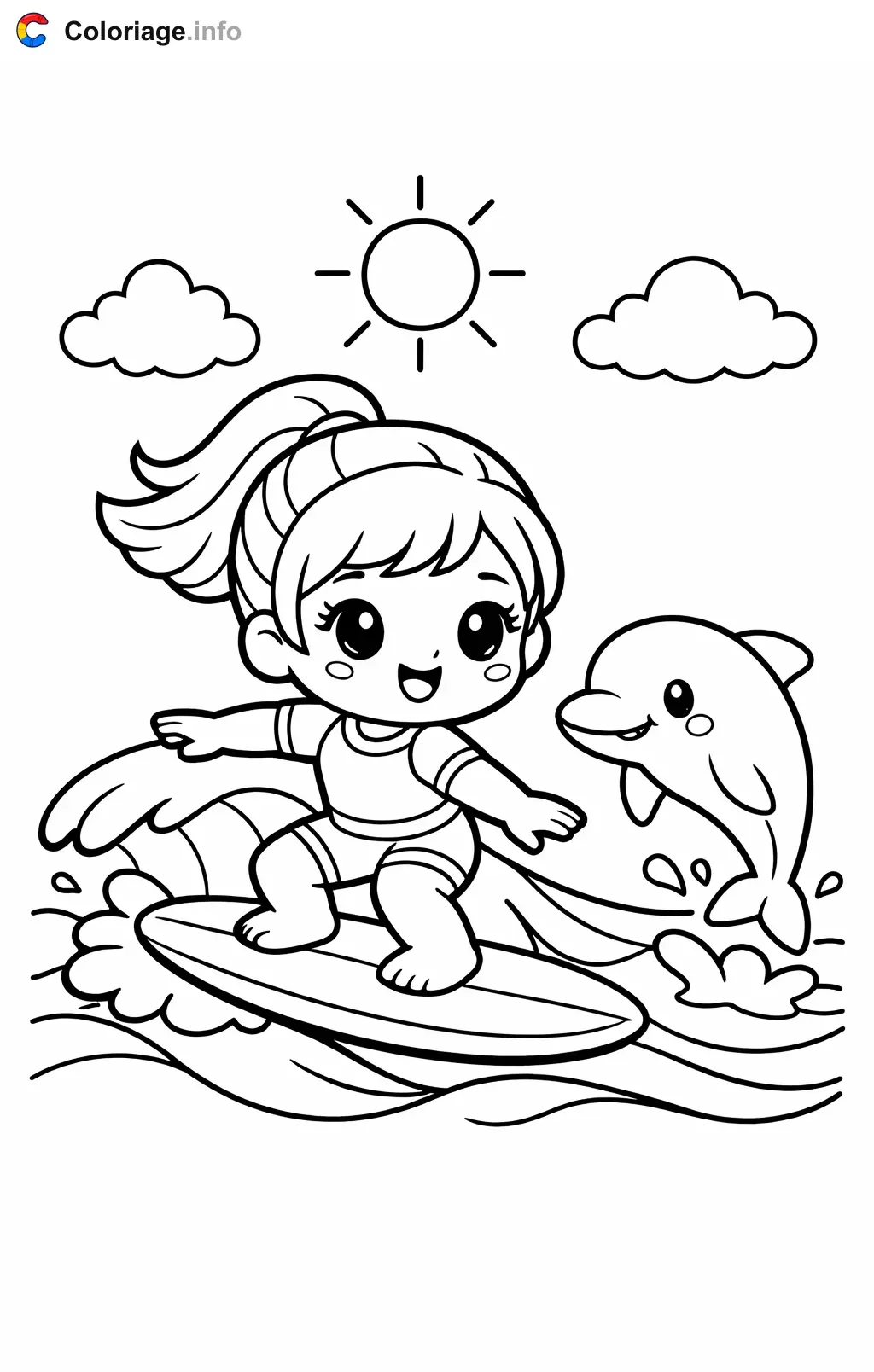 Coloriage Surf avec un dauphin - Surf à imprimer