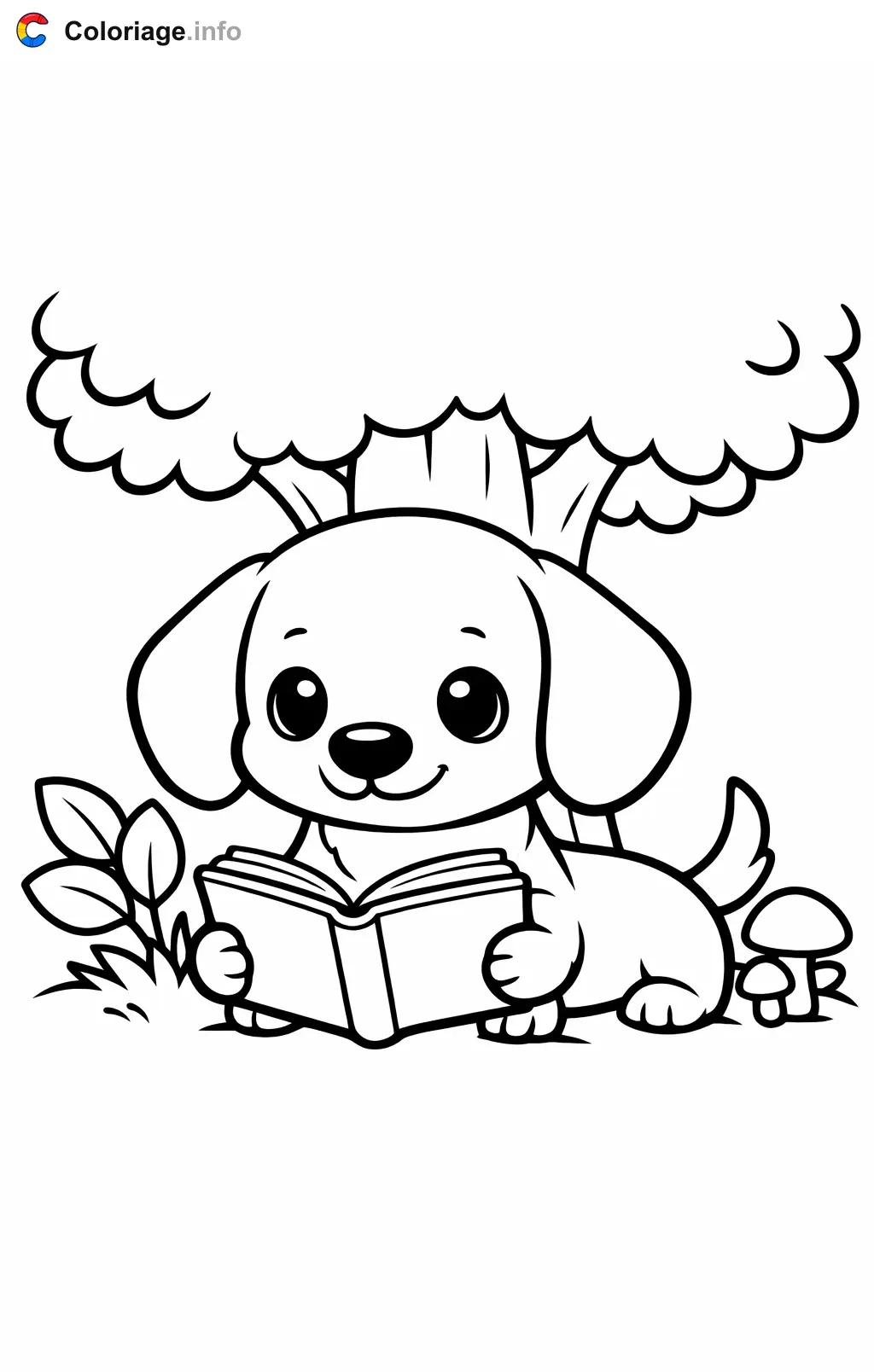 Coloriage Teckel qui lit un livre sous un arbre - Teckel à imprimer