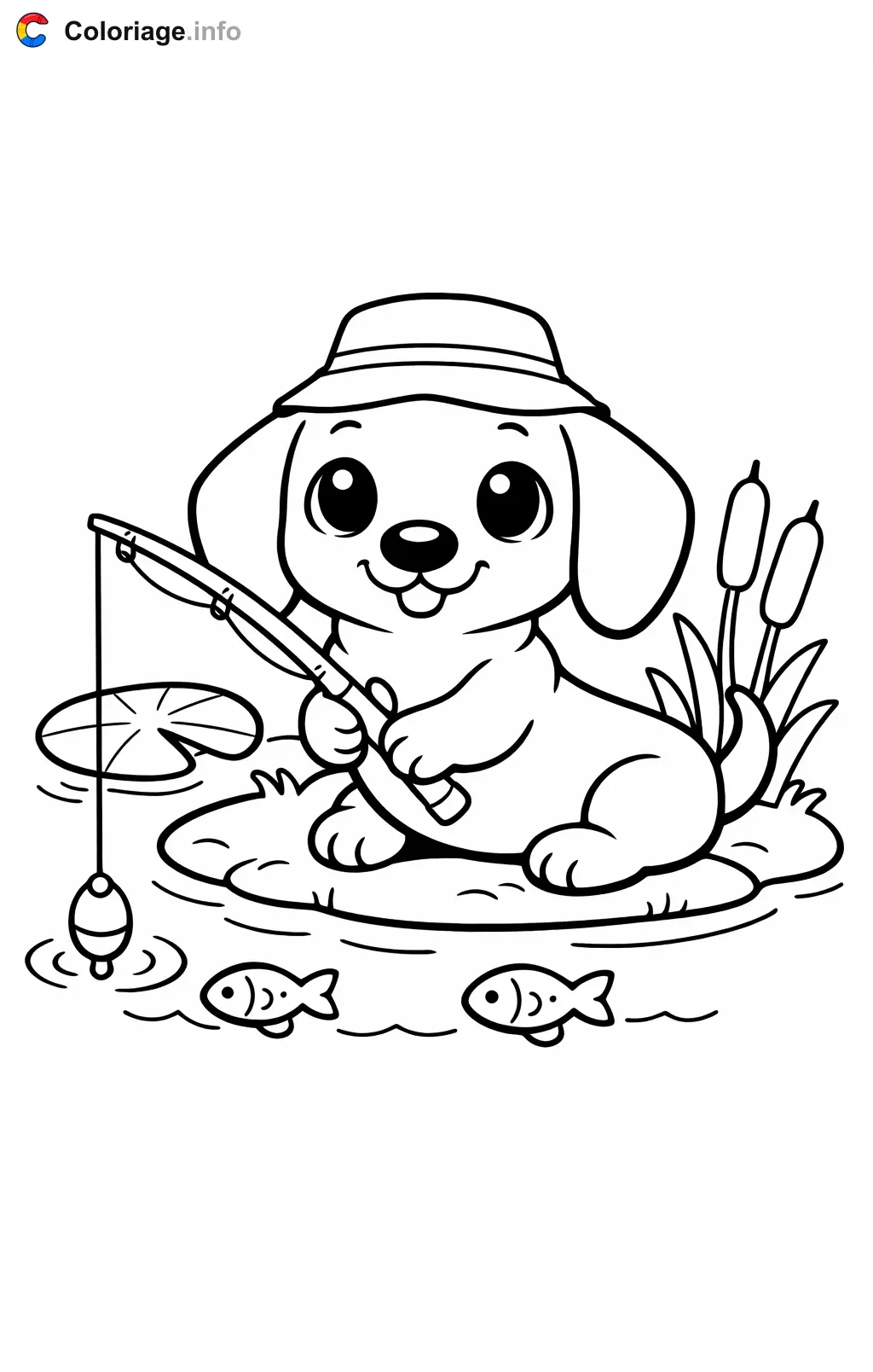 Coloriage Teckel qui peche au bord du lac - Teckel à imprimer