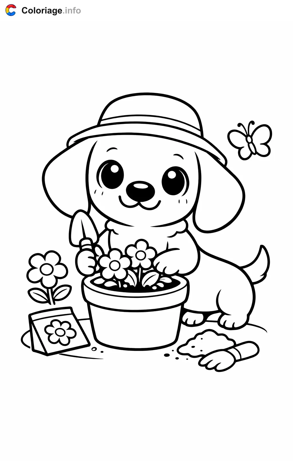 Coloriage Teckel qui plante des fleurs - Teckel à imprimer