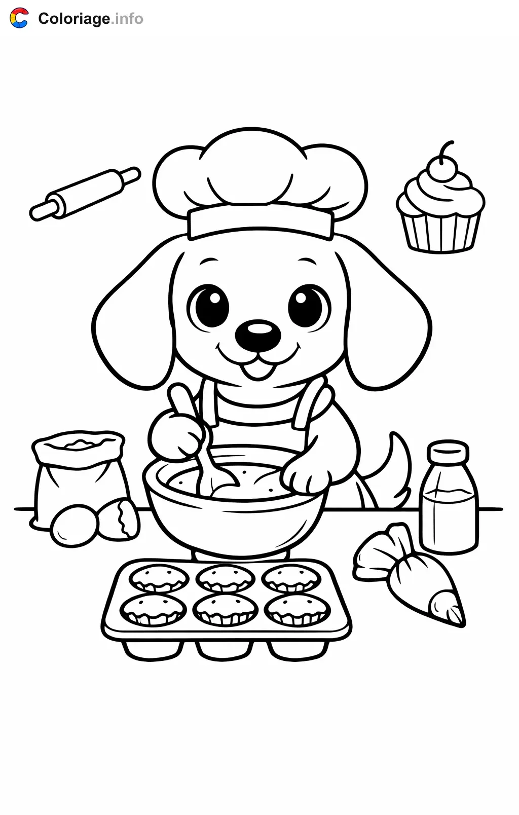 Coloriage Teckel qui prepare des cupcakes - Teckel à imprimer