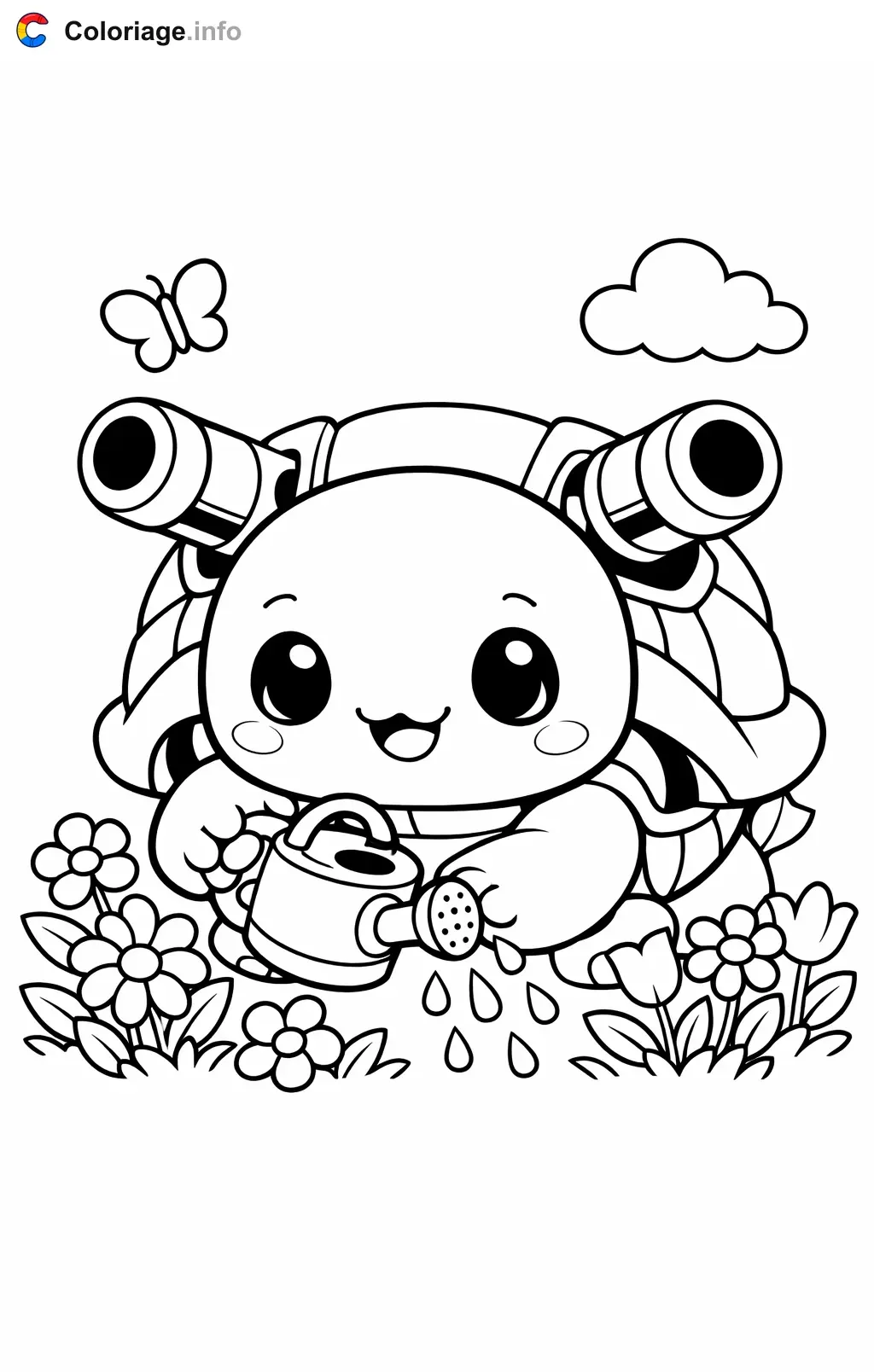 Coloriage Tortank qui arrose les fleurs - Tortank à imprimer