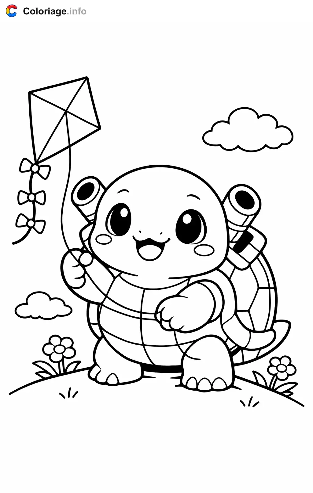 Coloriage Tortank qui fait voler un cerf-volant - Tortank à imprimer