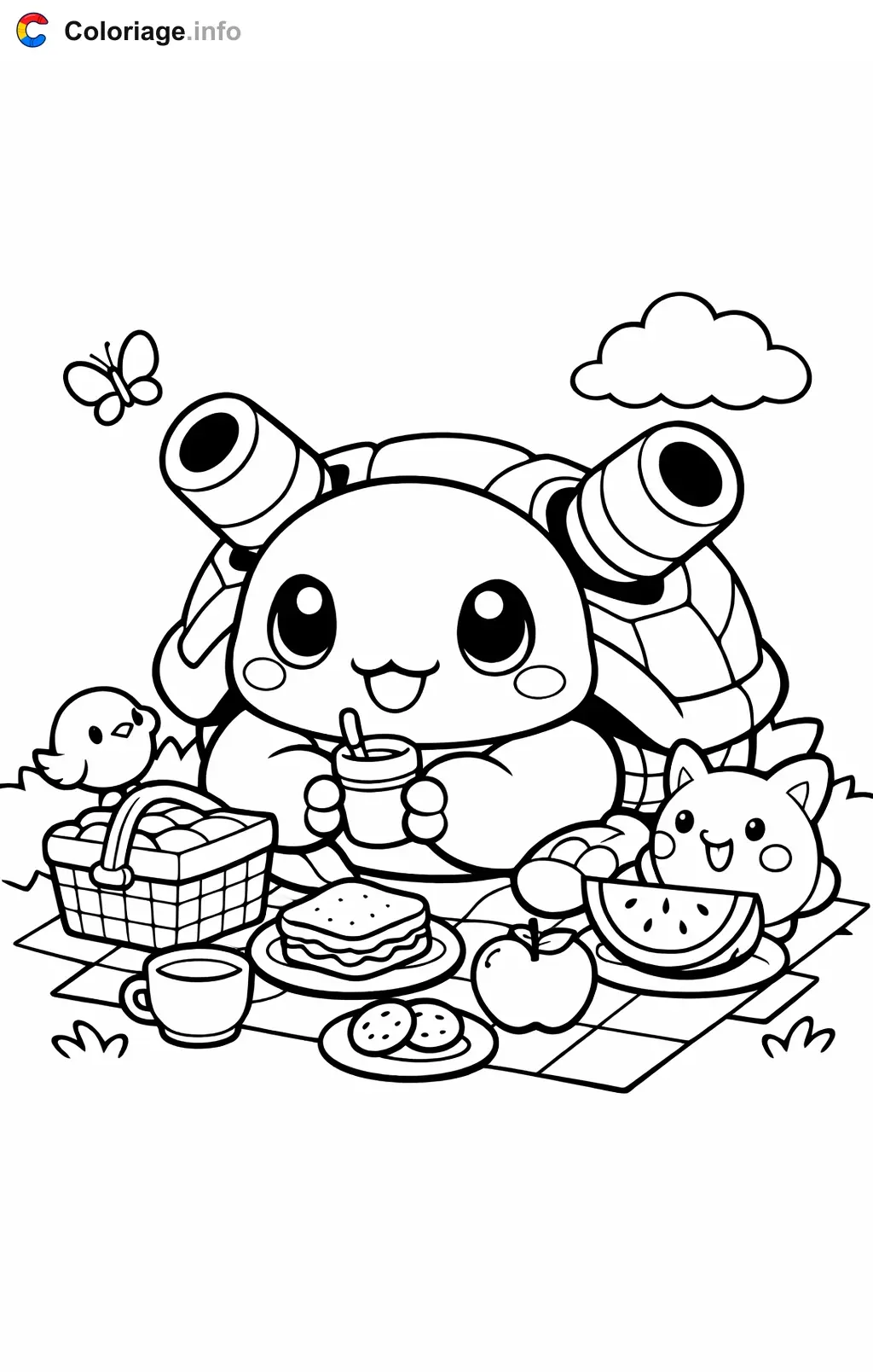 Coloriage Tortank qui pique-nique avec ses amis - Tortank à imprimer
