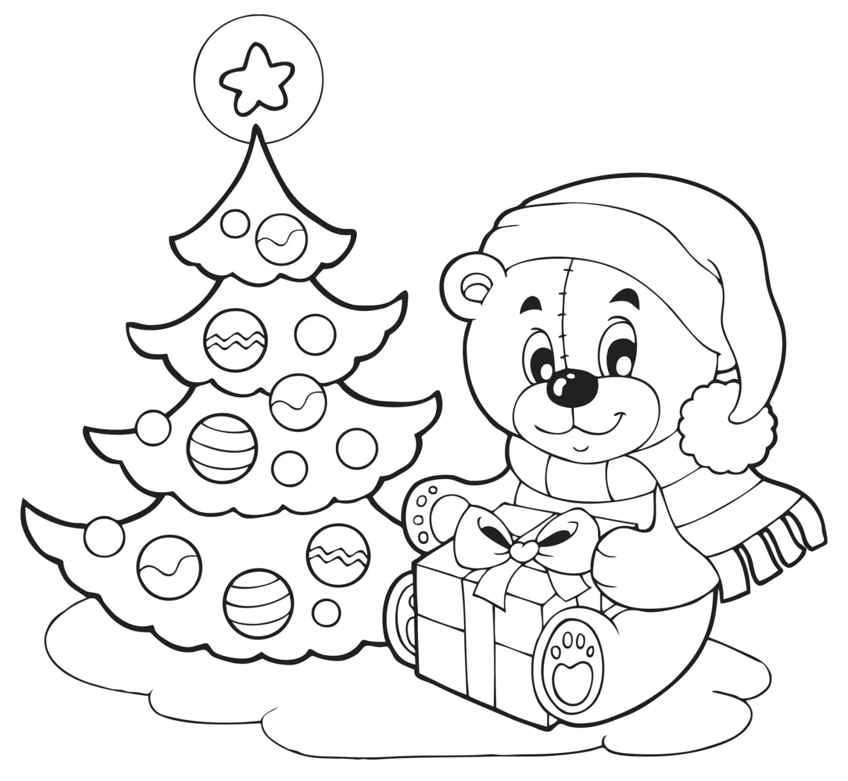 Coloriage Coloriez sapin de Noël et nounours avec un cadeau de Noël - Coloriez à imprimer