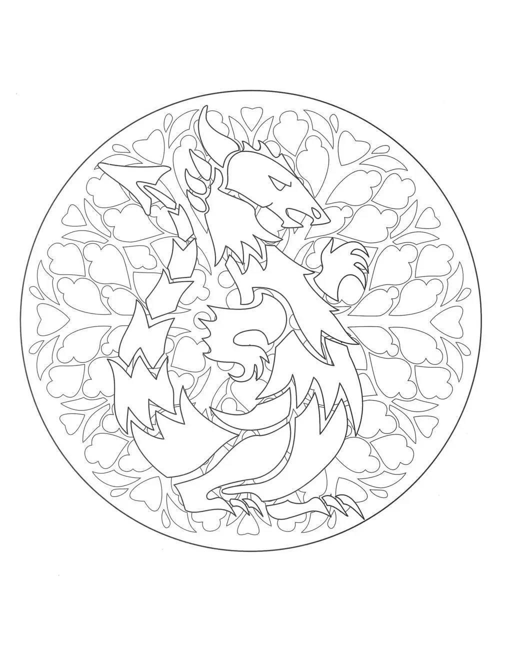 Wyvern Mandala with Circular Ornaments coloring page to print