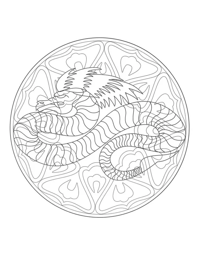 Coloriage Wyverne stylisée dans mandala floral - Mandala à imprimer