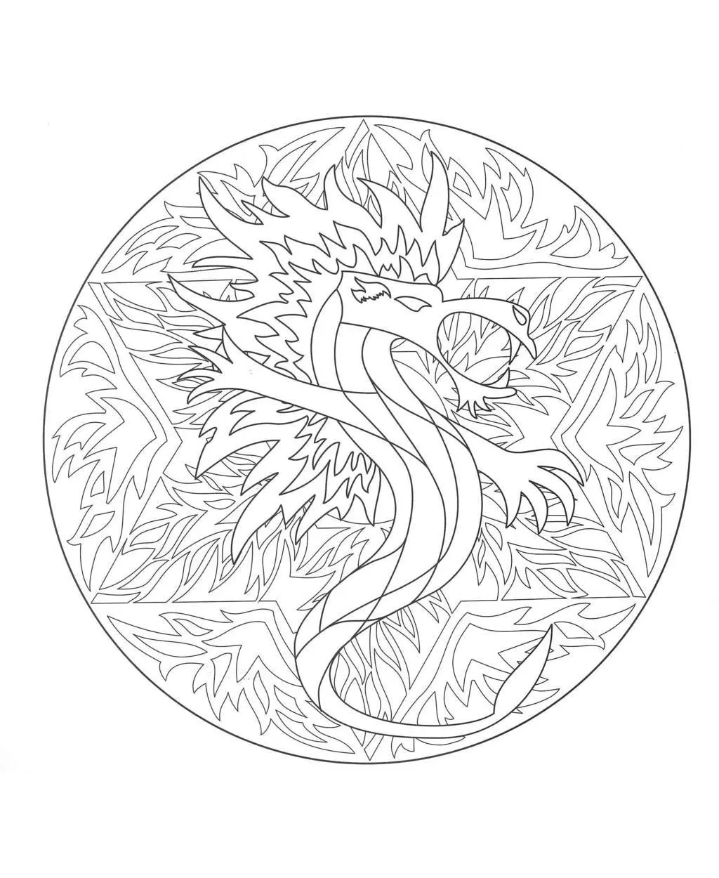 Coloriage Dragonneau dans mandala circulaire - Mandala à imprimer