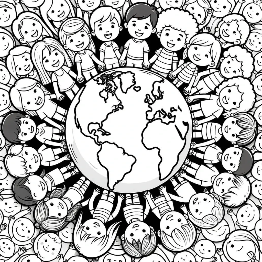 Coloriage Communaute Enfants Autour De La Planète Terre Main Dans La Main Soutien - Jour de la Terre à imprimer