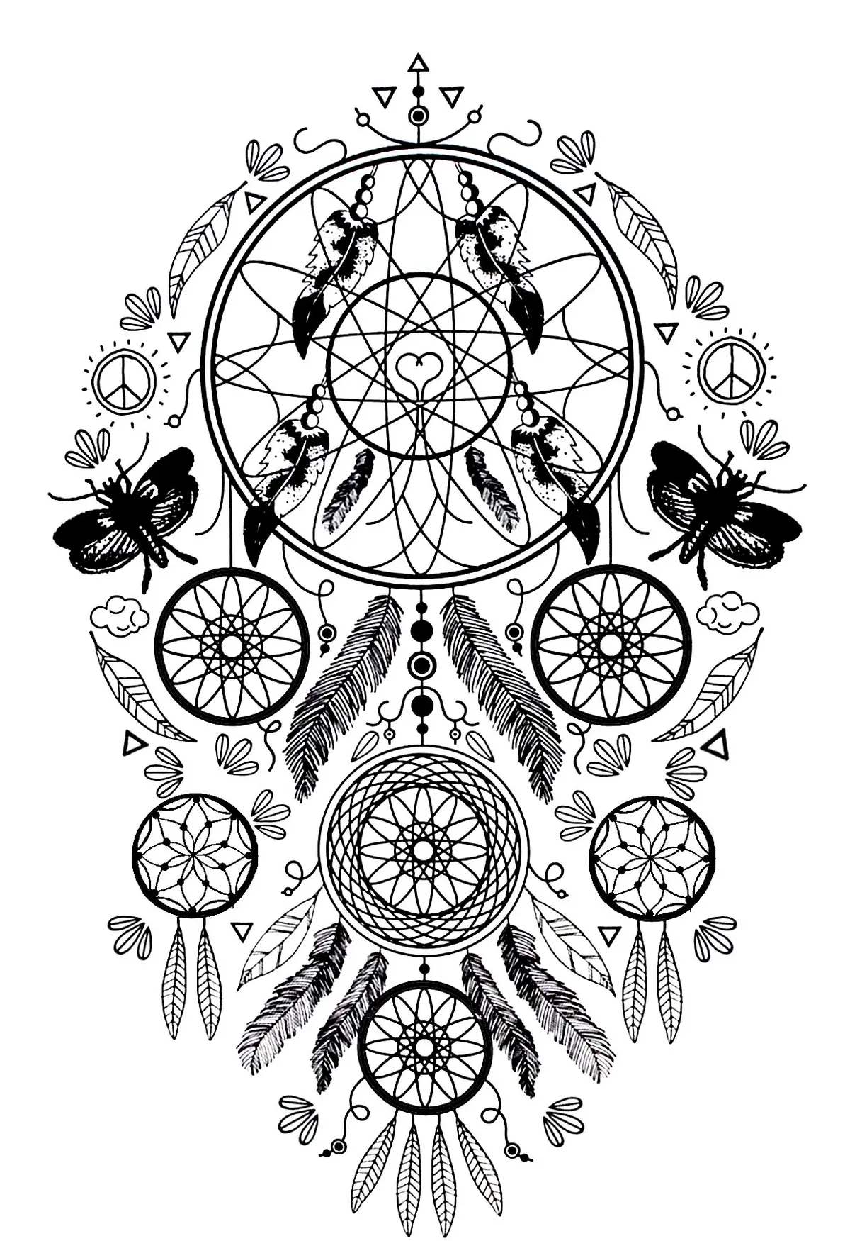 Coloriage Complexe Attrape Rêve Plumes Et Papillons - Adulte à imprimer