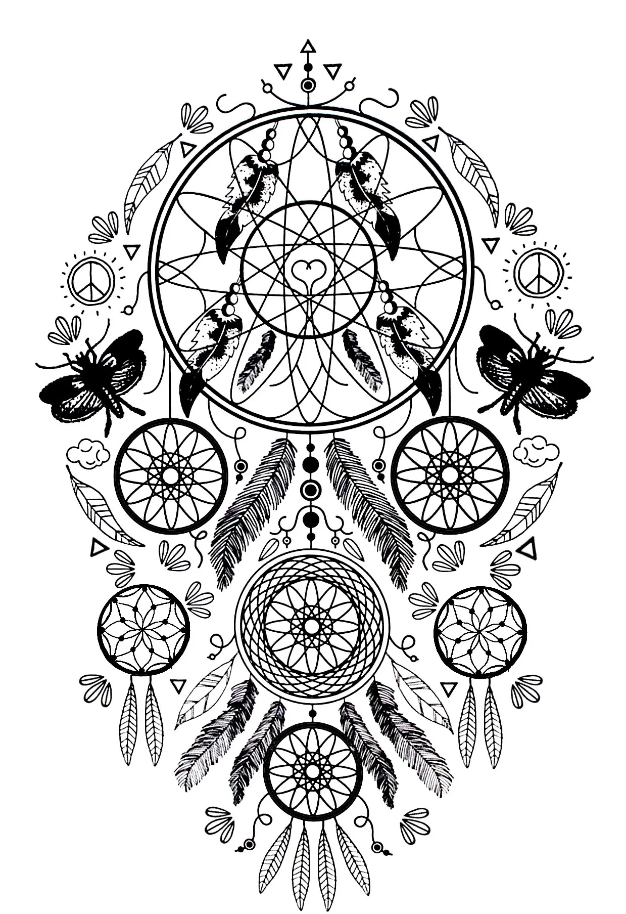 Coloriage Complexe Attrape Rêve Plumes Et Papillons - Adulte à imprimer