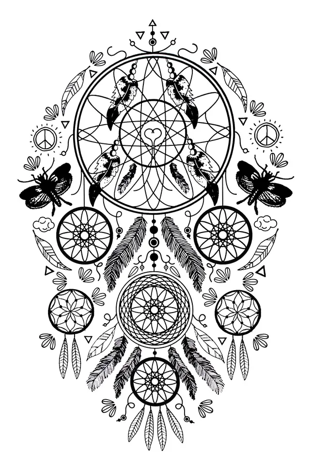 Coloriage Complexe Attrape Rêve Plumes Et Papillons - Adulte à imprimer