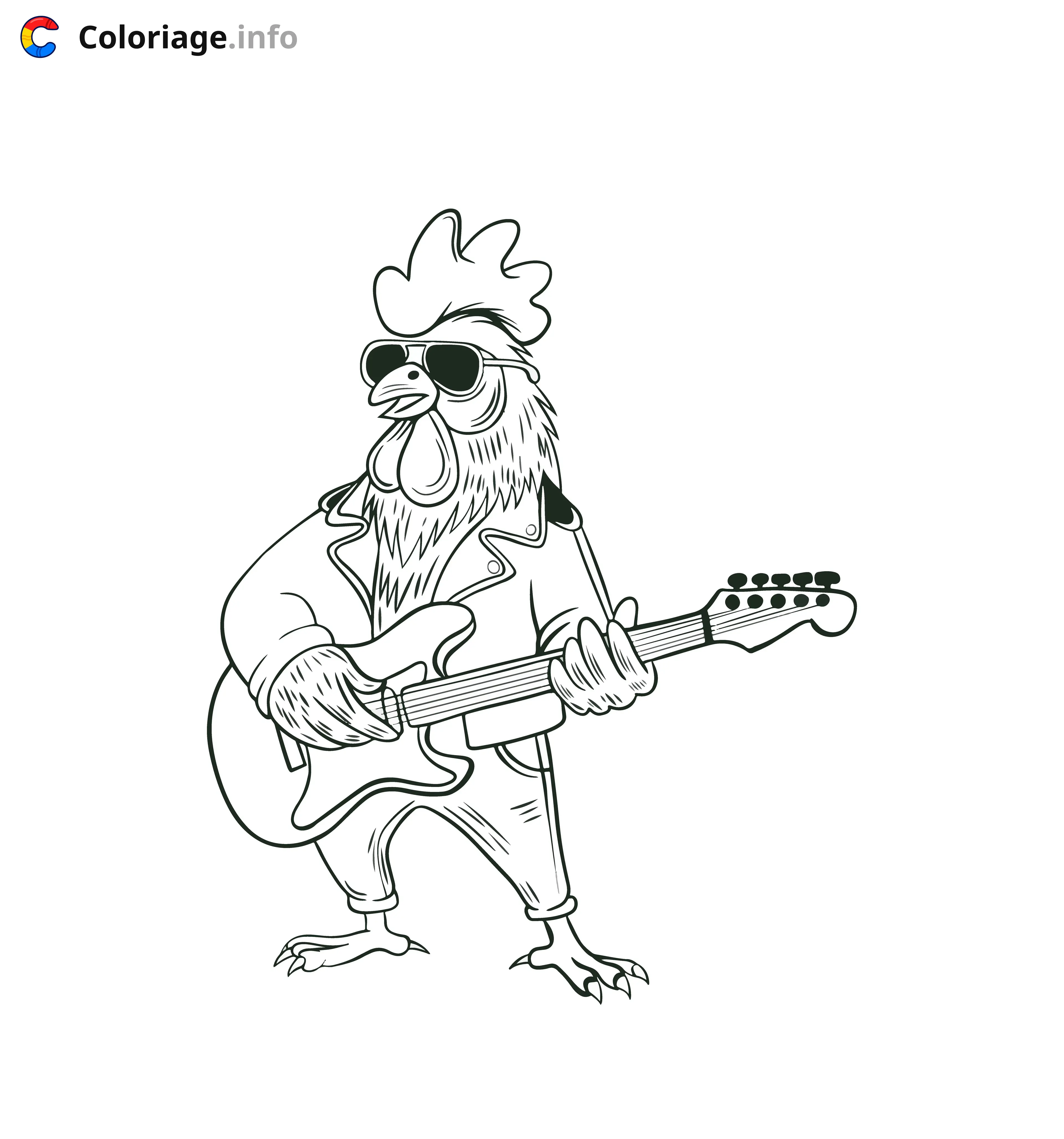 Coloriage Coq avec une guitare électrique musicien d'expérience - Musique à imprimer