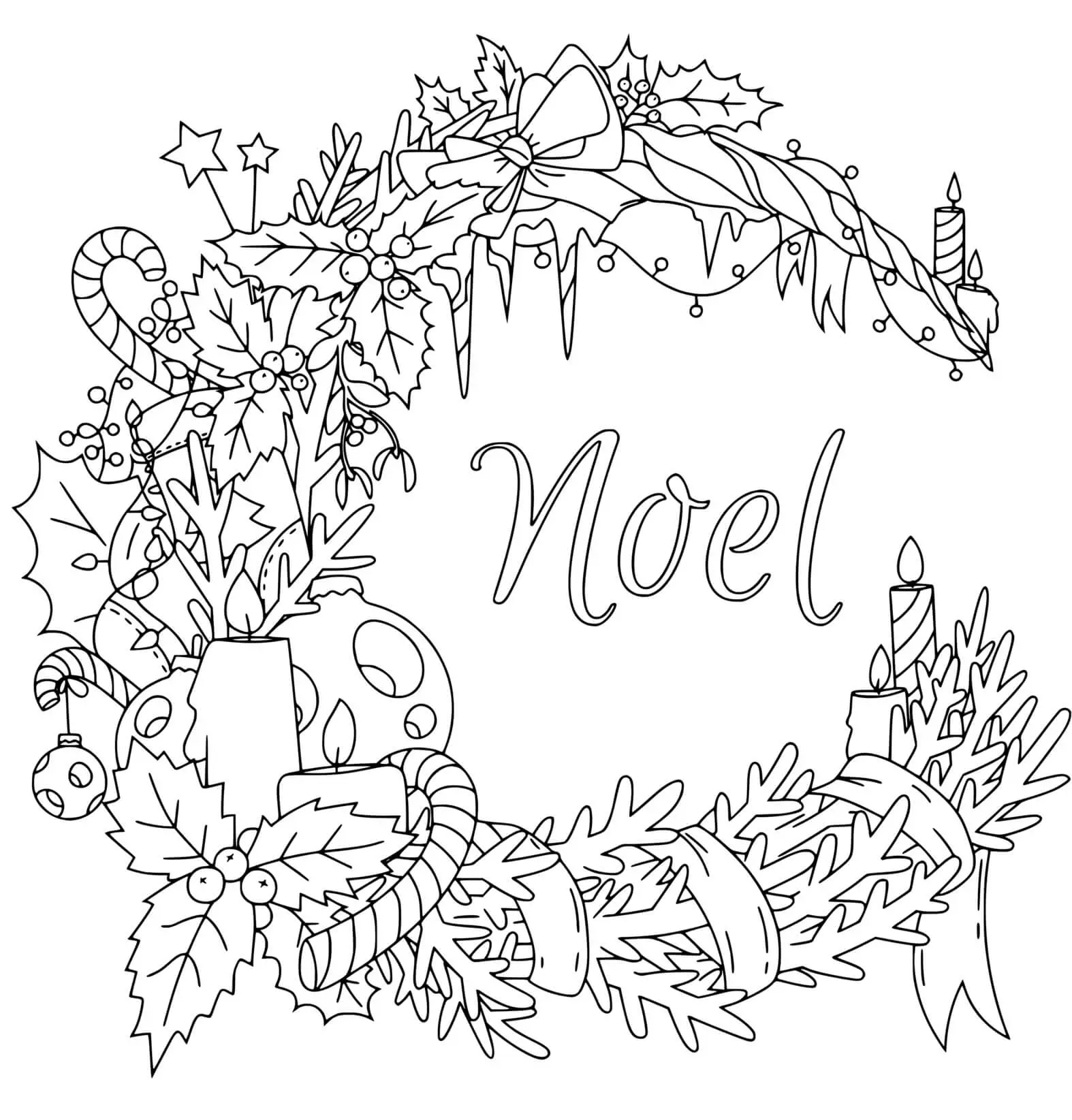 Coloriage Couronne De Noël Décorations Anti Stress - Noël adulte à imprimer