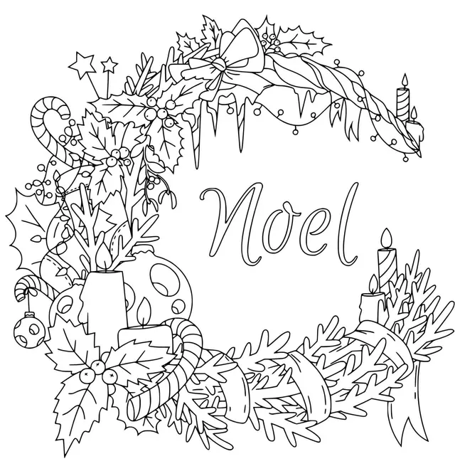 Coloriage Couronne De Noël Décorations Anti Stress - Noël adulte à imprimer