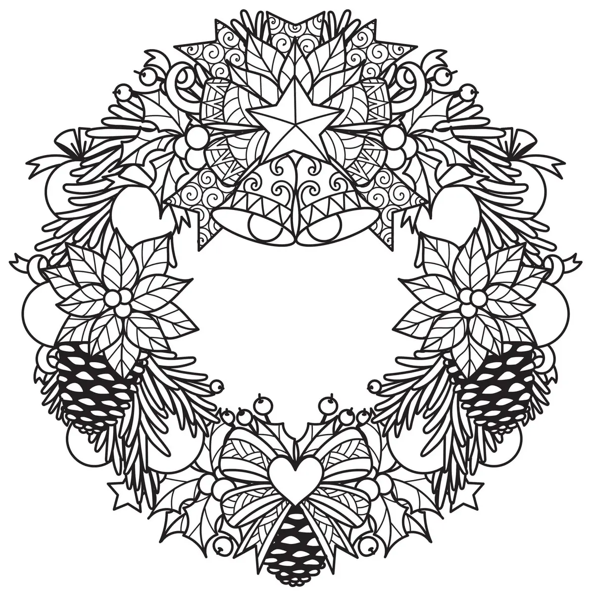 Ausmalbild Weihnachtskrone und Festdekorationen – Mandala zum Ausdrucken