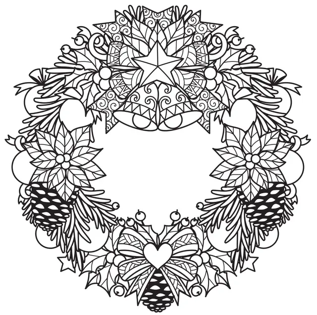 Ausmalbild Weihnachtskrone und Festdekorationen – Mandala zum Ausdrucken