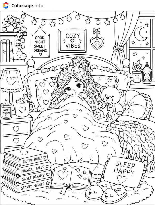 Coloriage Cosy Girl dans son lit douillet - Cosy à imprimer