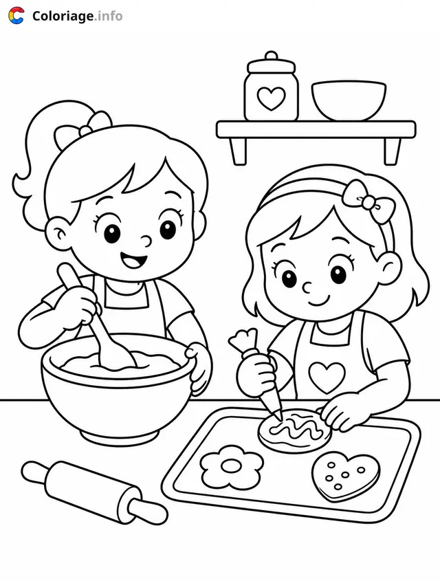 Coloriage Cozy Girl Deux enfants cuisinent ensemble - Cosy à imprimer
