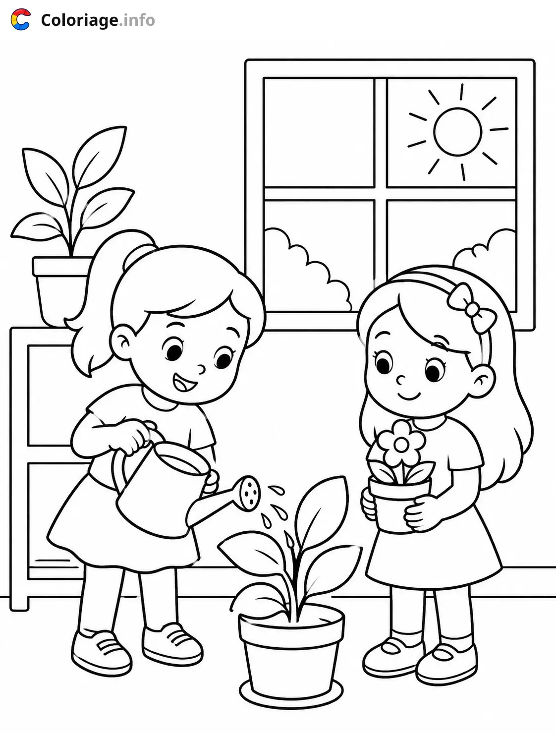 Coloriage Cozy Girl Deux filles arrosant les plantes - Cozy à imprimer