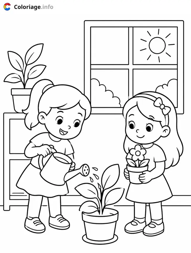 Coloriage Cozy Girl Deux filles arrosant les plantes - Cosy à imprimer