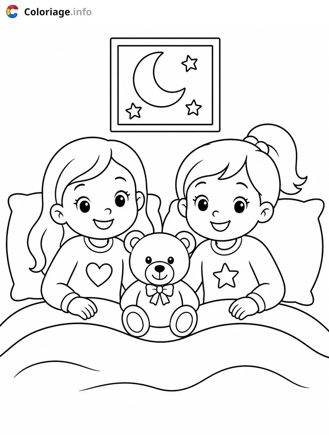 Coloriage Cozy Girl Deux filles au lit avec un ours - Cozy à imprimer