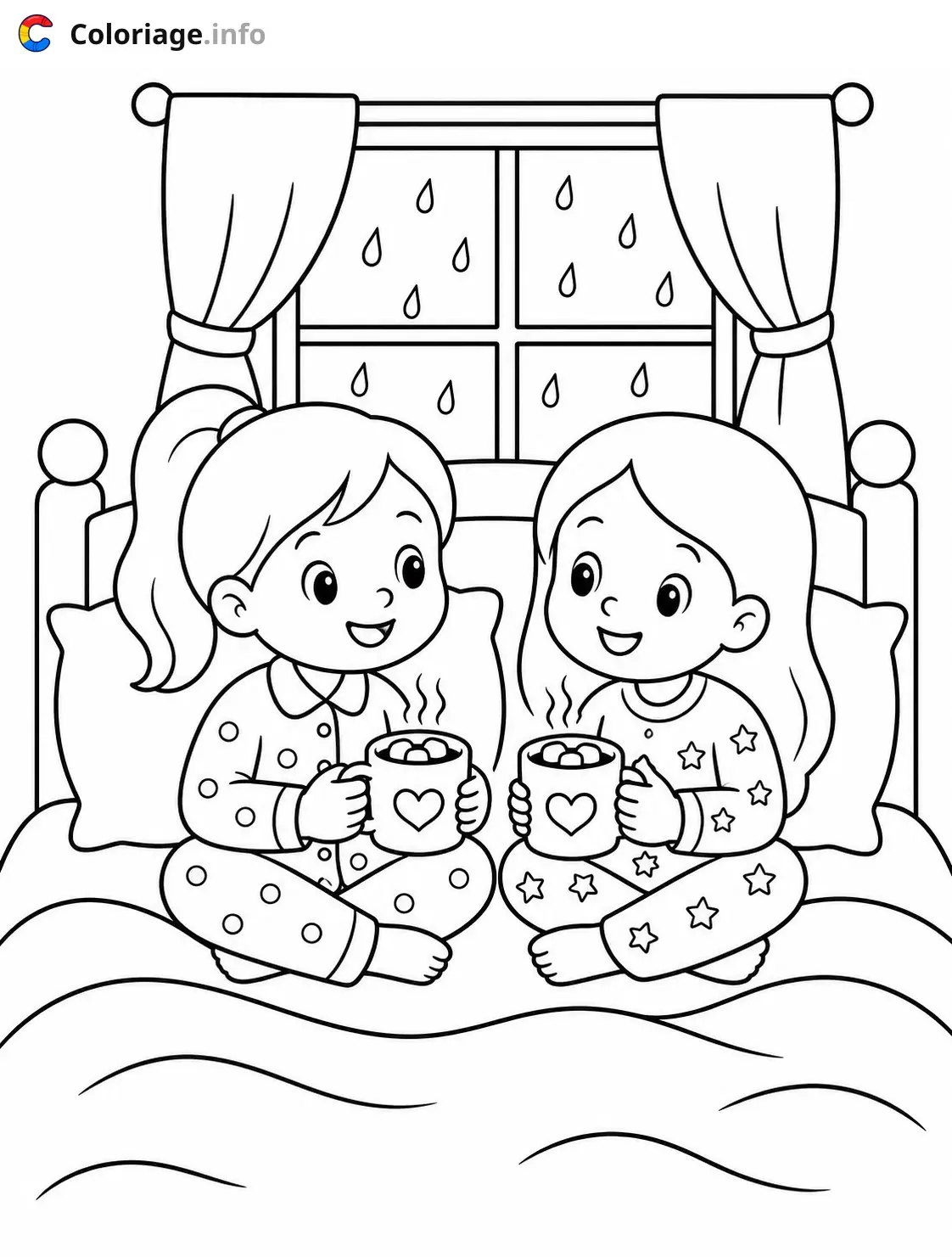 Coloriage Cozy Girl Deux filles buvant du chocolat chaud - Cozy à imprimer
