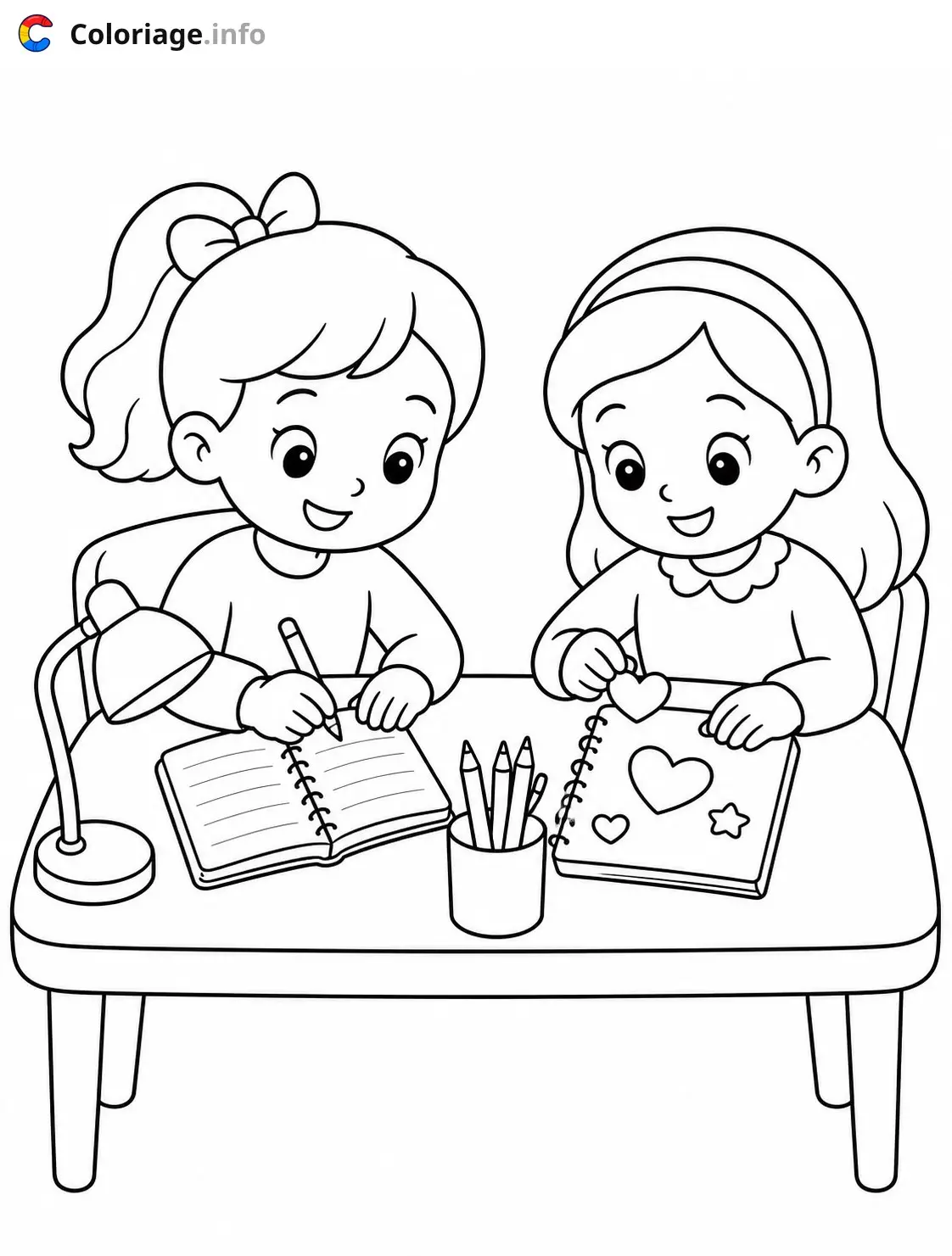 Coloriage Cozy Girl Deux filles dessinant ensemble - Cozy à imprimer