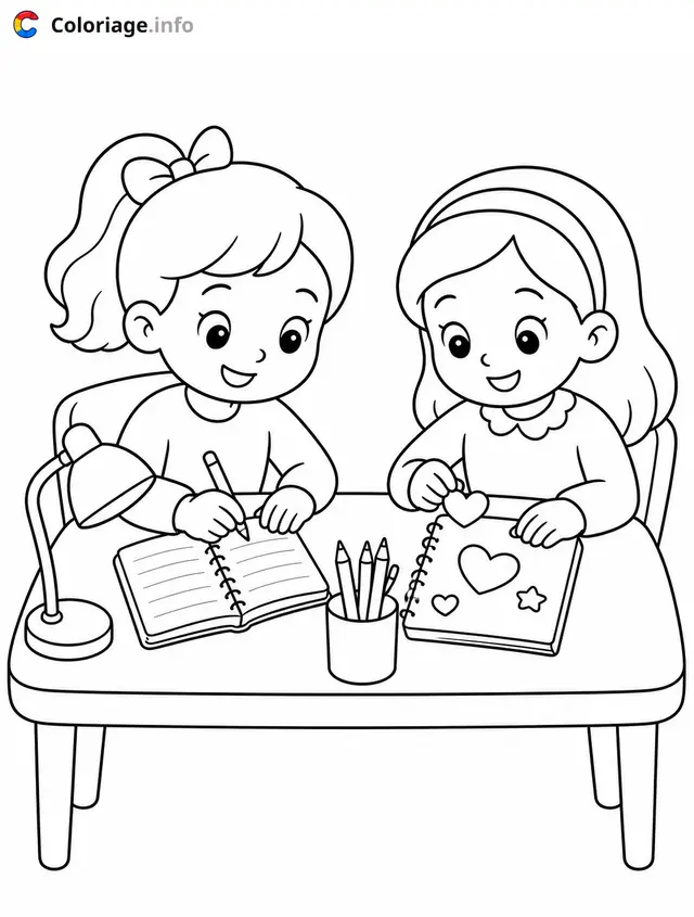 Coloriage Cozy Girl Deux filles dessinant ensemble - Cosy à imprimer